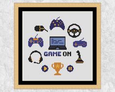 a cross stitch pattern with the words game on and various items in front of it