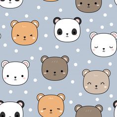 the bears are all different colors and sizes on this blue wallpaper pattern with white polka dots