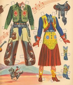 an old fashion pattern for children's clothing, including cowboy boots and clothes with musical notes on them