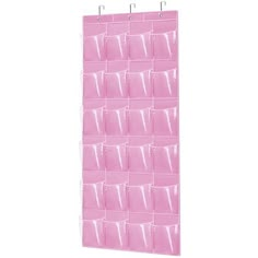 a pink wall hanging organizer with six bins on the bottom and two hooks attached to it