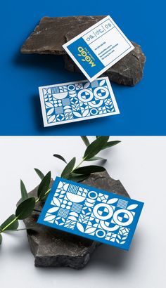 two different business cards sitting on top of rocks with leaves in the foreground and blue background