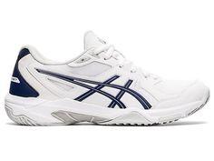 a white and blue sneaker with the word asics written on the upper part