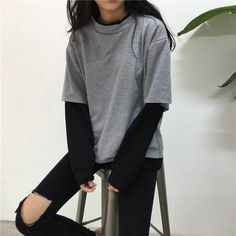 2 Colors Combination Casual Sweatshirt – Tomscloth Shirt Over Long Sleeve, Gray Shirt Outfit, Long Sleeve Shirt Outfits, Long Sleeve Outfits, Black Long Sleeve Shirt, Sweatshirt Women, Winter Sweatshirt, Tshirt Outfits