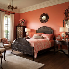 a bedroom with orange walls and wooden floors