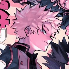 an anime character with pink hair and other characters around him, all looking at the camera