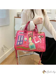 Bird in Bag - Geometric Pattern PU Leather Tote Bag Trendy Pink Office Satchel, Trendy Pink Satchel For Office, Pink Large Capacity Satchel For Office, Pink Large Capacity Office Satchel, Pink Crossbody Office Bag, Pink Office Box Bag With Removable Pouch, Spring Office Satchel, Trendy Pink Leather Box Bag, Office Bags With Detachable Strap For Spring