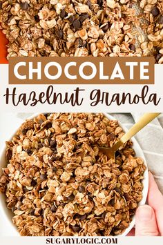 chocolate hazelnut granola in a bowl with a hand holding a spoon over it