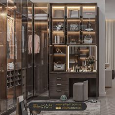 a walk in closet with mirrored doors and drawers