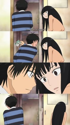 an anime scene with two people looking at each other and one person in the background