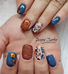 Teal And Orange Fall Nails, Teal Autumn Nails, Teal And Copper Nails, Blue Pumpkin Nails, Nail Designs Fall Autumn, Nail Fall Designs, Orange And Teal Nails, Teal And Orange Nails, Fall Nail Art Designs Autumn