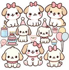 some cute little dogs with balloons and cake