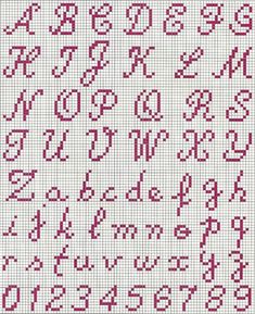 cross stitch alphabets in red and white with numbers, letters and symbols on them