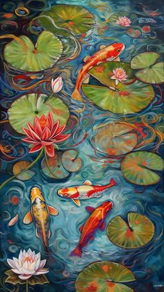 a painting of water lilies and koi fish