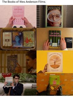 the books of west anderson films collaged in different pictures with one person holding an open book