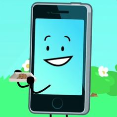 a cartoon cell phone holding a piece of food