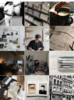 a collage of black and white photographs with people working on computers, books, papers, pens, and coffee cups