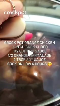 a person is cooking some food in an oven with the words crock pot orange chicken on it