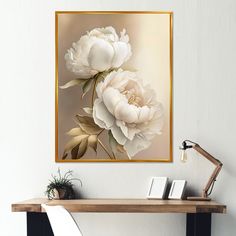 a white flower on a beige background is displayed above a wooden table with a book and lamp