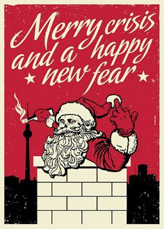 a christmas card with santa claus on top of a brick wall and the words merry, and