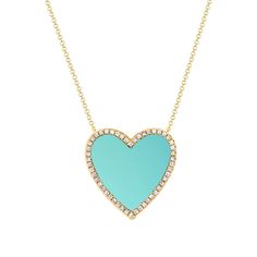 14K gold chain and pendant set with a Turquoise heart-shaped stone. Diamonds are set in the perimeter of the heart and the pendant is fixed to an adjustable 14K gold chain. Gold Chain And Pendant, Turquoise Heart Necklace, Light Blue Gemstone, Chain And Pendant, Gold Chain With Pendant, Turquoise Heart, Storing Cookies, Blue Gemstones, American Express