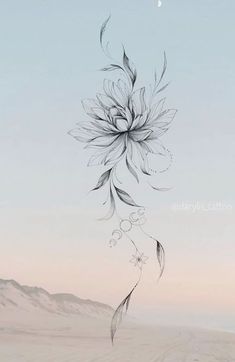 a black and white drawing of a flower in the sky