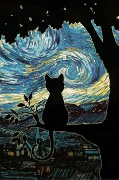 a cat sitting on top of a tree branch in front of a starr night sky