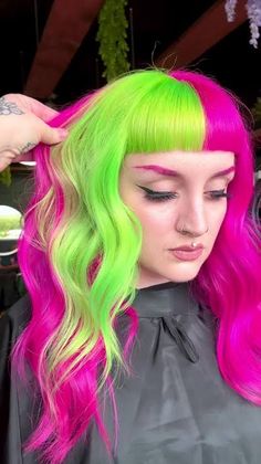 Pink And Lime Green Hair, Neon Pink And Green Hair, Editorial Hair Color, Unusual Hair Colours, Vivids Haircolor, Pink Green Hair, Pink And Green Hair, Neon Pink Hair, Neon Hair Color