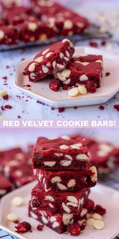 red velvet cookie bars stacked on top of each other