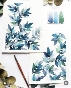 some watercolors are being used to paint leaves