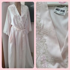 Authentic Miss Dior Vintage Ilgwu Silky Satin Embroidered Robe Womens Size Medium Excellent Vintage Condition Flaws: Shown In Photo 9 A Few Small Discolored Spots On The Backside Of The Tie/Strap - May Be Able To Be Cleaned. Can Easily Be Hidden As Well. Absolutely Stunning Vintage Robe From Christian Dior - Miss Dior Boutique <3 Pretty Baby Pink Smooth Satin Bodice With Gorgeous Lace Trim And Floral Embroidery Along The Collar Trim. Features Include: Cinched At The Waistline, With A Tiny Snap Closure, Small Inner Tie And Outer Strap Tie. It Also Has Pockets! Beautiful Robe - I Totally Wish It Fit Me! My Loss Is Your Gain. Ilgwu - Union Made Vintage 70's-80's All Polyester, Imported Fab Robe Womens, Vintage Sleepwear, Embroidered Robe, Dior Boutique, Luxury Robes, Embroidered Robes, Dior Vintage, Silk Robe, Union Made