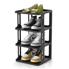 three tiered shoe rack with four pairs of shoes on top and one pair in the bottom