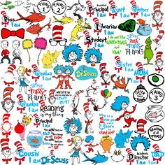 the cat in the hat is surrounded by many different things that can be seen here