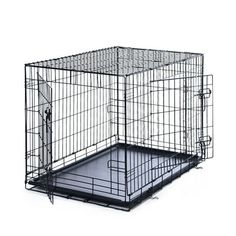 a black dog crate with its door open and the bottom half closed, on a white background