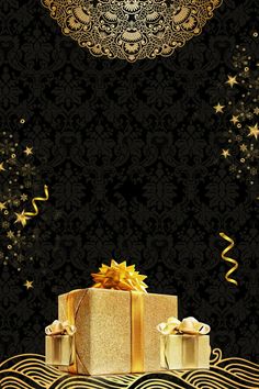 a black and gold background with presents on it