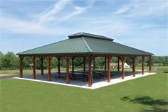 a gazebo in the middle of a field with picnic tables and benches around it