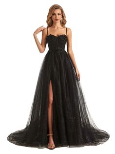 Sexy Side Slit Black Spaghetti straps Lace Formal Prom Dresses Online - ChicSew Prom Dresses Flowy, Winter Formal Dresses, Black Spaghetti Strap, Black Spaghetti, Prom Dress Inspiration, Cute Prom Dresses, Bridesmaid Dresses Online, Satin Bridesmaid Dresses, Custom Size Dresses