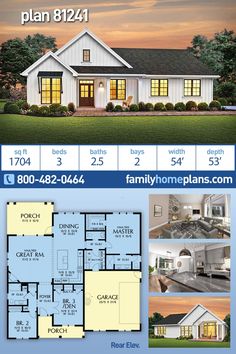 two story house plan with 3 bedroom and 2 bathrooms in the front, an open floor plan