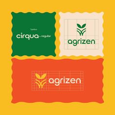 three different logos with the words organic and grizen on them, all in green and red