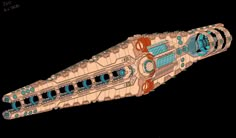 an image of a model of a space ship in blue and orange on a black background