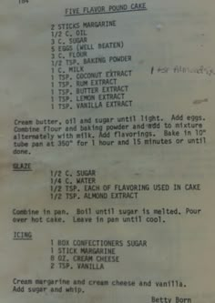 an old recipe sheet with instructions on how to bake cake in the oven or ice cream