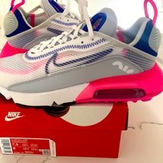 Brand New White , Pink And Blue Nike Air Max 2090 Pink Running Sneakers With Translucent Outsole, Pink Air Max Sneakers, Pink Air Max Cushioned Sneakers For Spring, Pink Nike Running Shoes With Translucent Outsole, Nike Pink Running Shoes With Translucent Outsole, Sporty Pink Sneakers With Air Max Cushioning, Pink High-top Sneakers With Air Cushioning, Pink Air Max Slip-on Sneakers, Pink Slip-on Sneakers With Air Max Cushioning