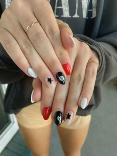 Back To School Nails Aesthetic, Nails To Go With Any Outfit, Back Go School Nails, Mismatched French Tip Nails, Red Nails Acrylic Almond Design, Short Almond Nail Inspiration, 8 Ball Acrylic Nails, Nail Ideas 8 Ball, Magic Eight Ball Nails