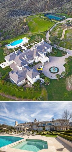 this is an aerial view of a large mansion and pool in the middle of two photos