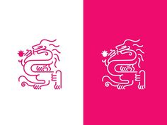 a red and white dragon logo on a pink and white background