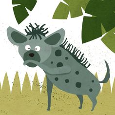 an illustration of a spotted hyena standing in the grass with its mouth open