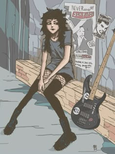 a drawing of a woman sitting on the ground next to an electric guitar and poster