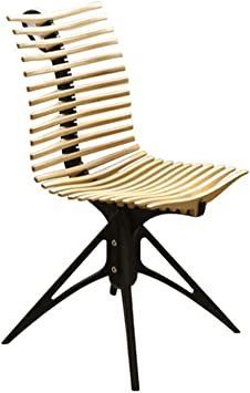 a chair made out of wooden strips on a black metal stand with no backrests