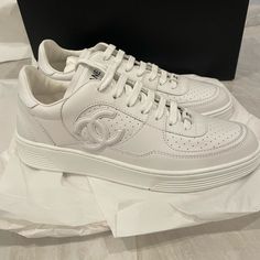 Brand New Size 39 Or 9 And A Size 37 Or 7 Available! Made In Italy White Leather Shoes Chanel, Chanel Sneakers, Chanel White, Suede Trainers, Mid Top Sneakers, Limited Edition Sneakers, Black And White Sneakers, Leather High Tops, Grey Sneakers