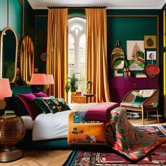 a bedroom with green walls, gold curtains and colorful bedding in front of a large window