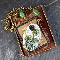 Gorgeous oval porcelain button pendant hand painted china floral green pink Mother of Pearl necklace buckle vintage collage bowdoin chain Vintage Rhinestone Earrings, Repurposed Jewelry, Mother Of Pearl Necklace, Vintage Collage, Antique Postcard, Painted Porcelain